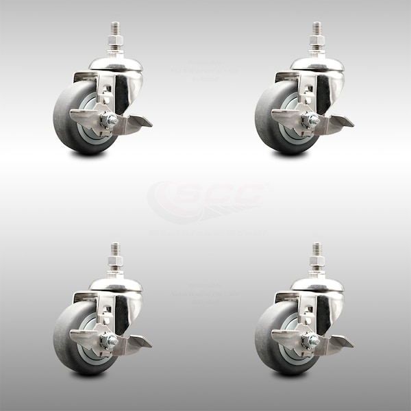 Service Caster 3 Inch 316SS Thermoplastic Rubber Swivel 12mm Threaded Stem Caster Set Brake SCC-SS316TS20S314-TPRB-TLB-M1215-4 - main